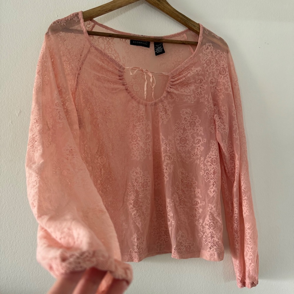 Pink Floral Lace Long Sleeve Sheer Blouse Top Women's L Cottage Coquette Ballet